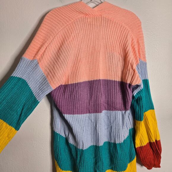 Colorful Rainbow Striped Chunky Knit Duster Cardigan Size M - Picture 6 of 10